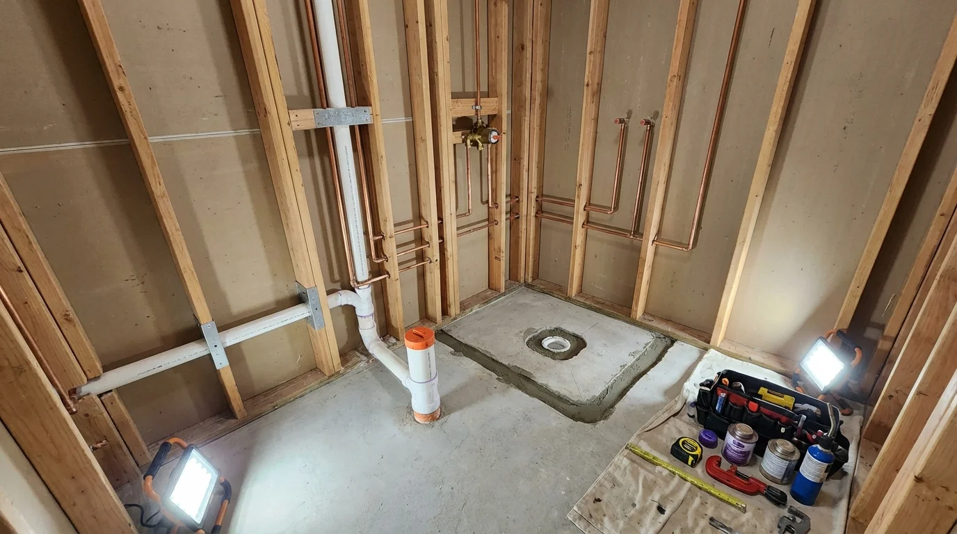 Bathroom rough-in plumbing during remodel by Johns Plumbing LLC in Prineville