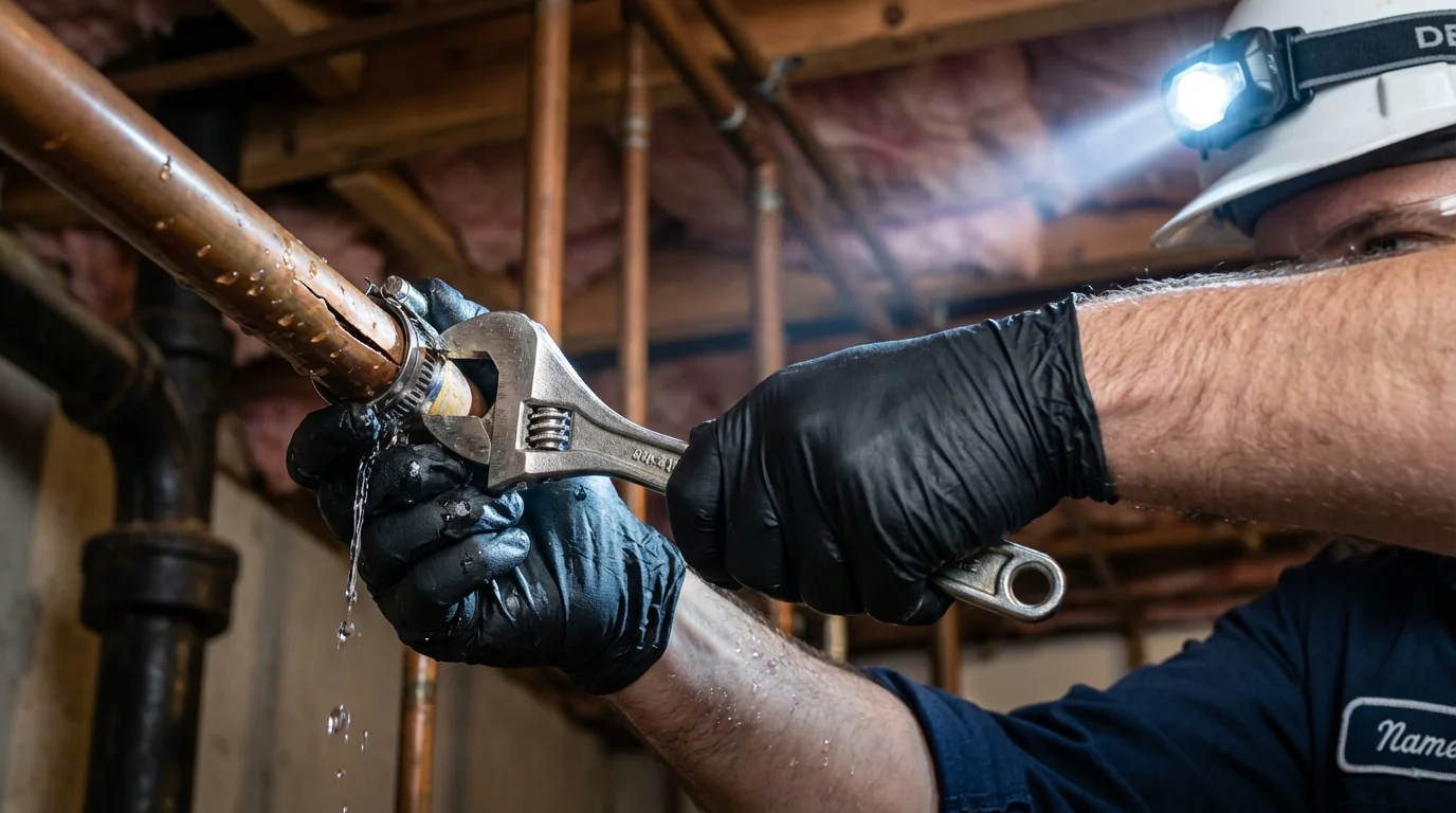 Emergency pipe clamp repair being performed by a Johns Plumbing LLC plumber in Prineville