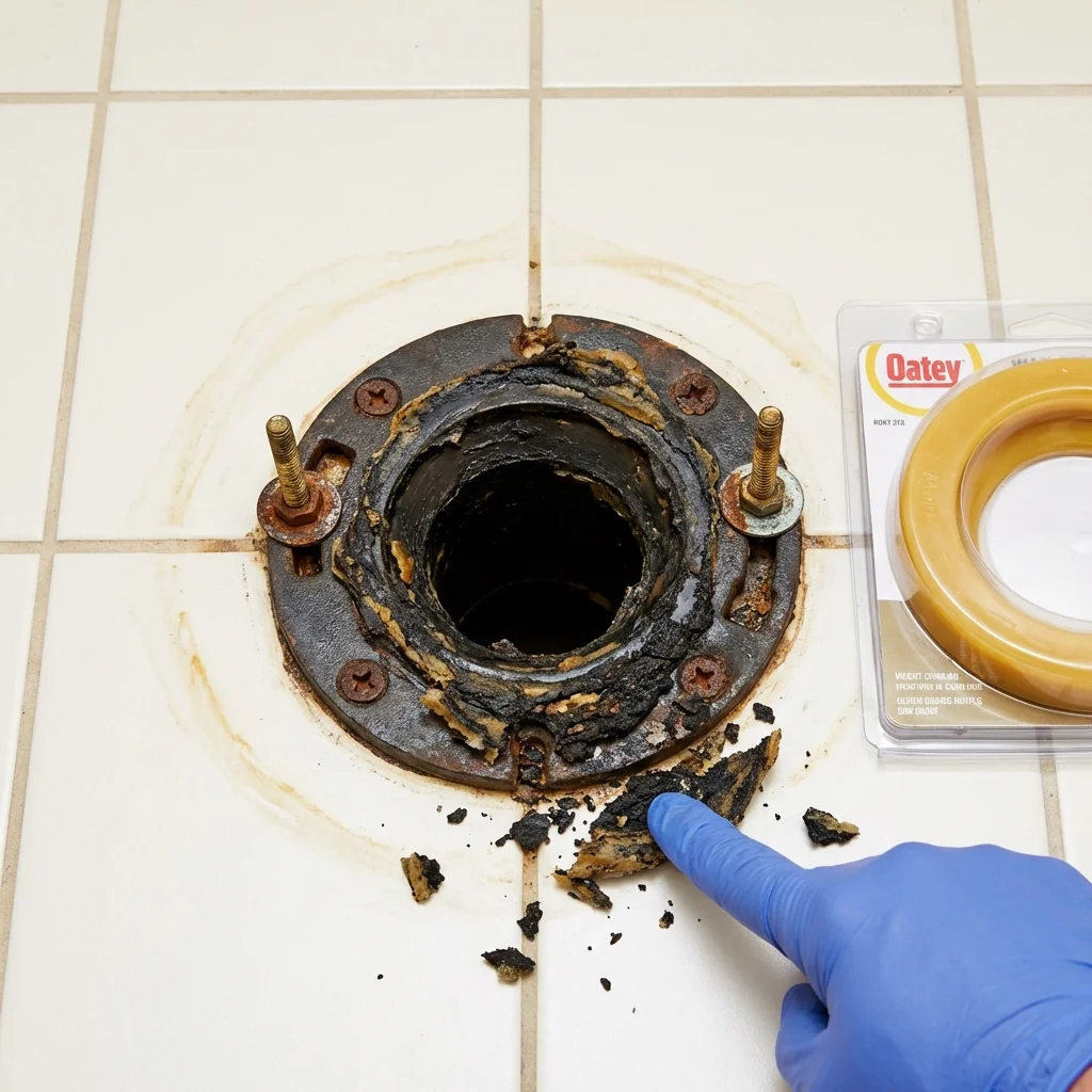 Failed wax ring showing water seepage at the base of a toilet in a Prineville, OR home