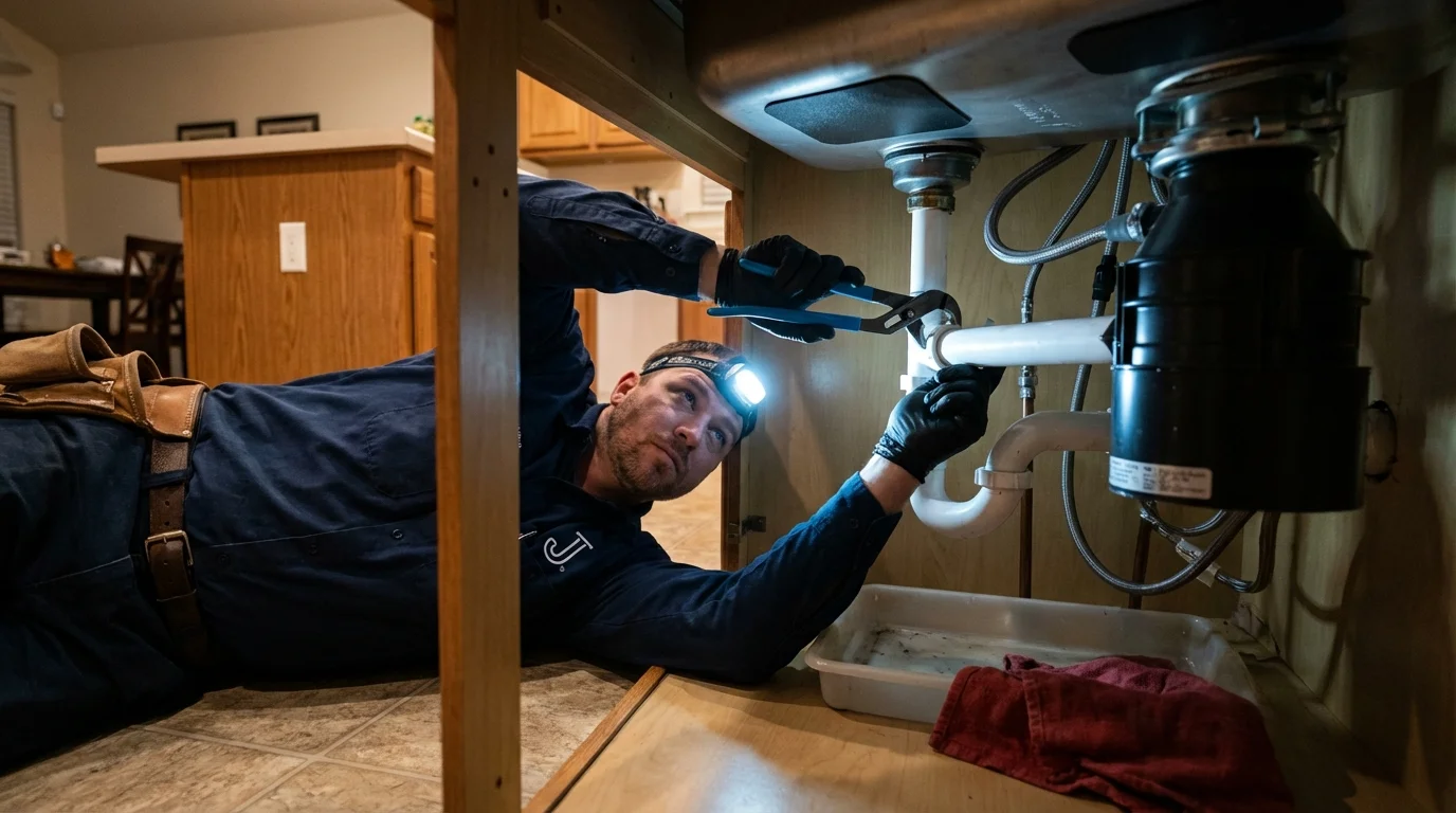 P-trap and supply line connections under a kitchen sink showing a common leak point in Prineville, OR